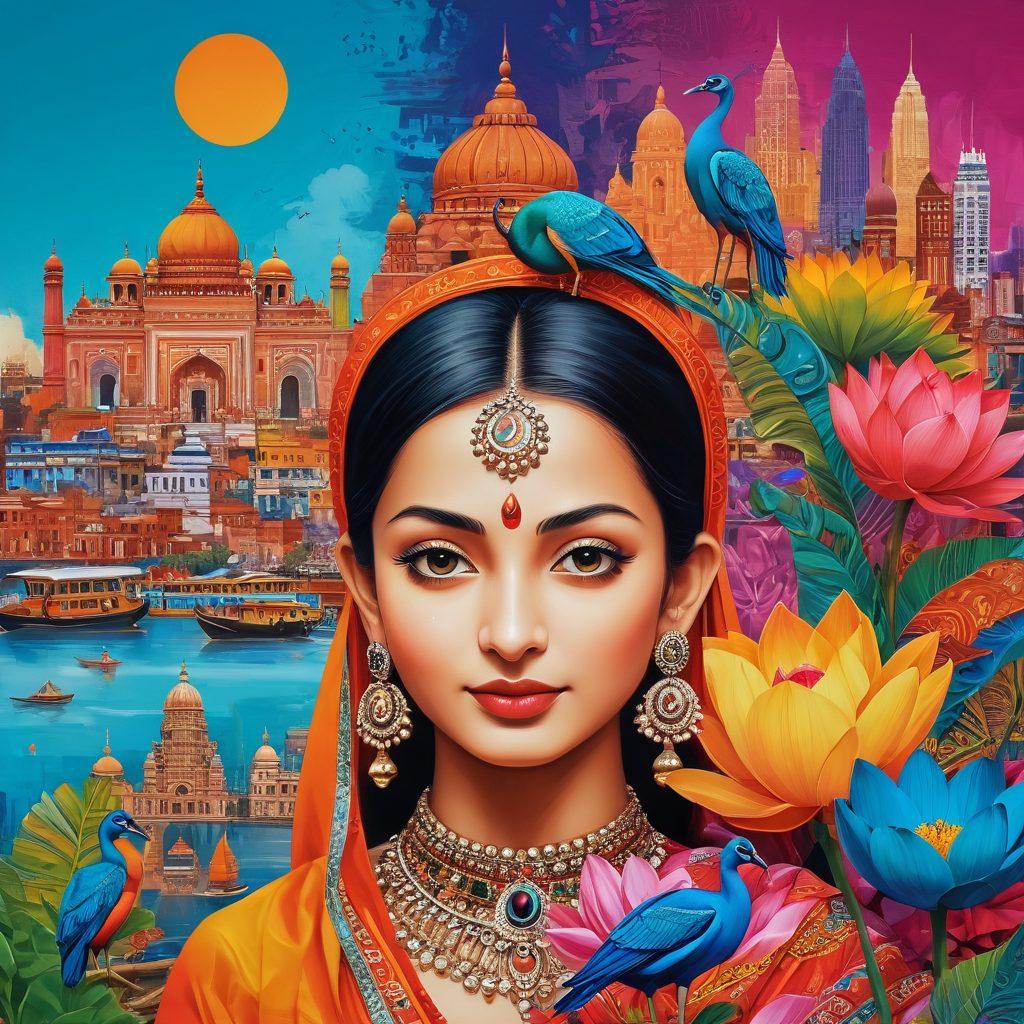 A vibrant collage representing the fusion of traditional and modern elements of Indian culture, featuring iconic symbols like the lotus, peacock, and a backdrop of bustling city life. Incorporate hints of digital media, like a computer screen displaying a Hindi blog, along with abstract representations of adult content navigating through cultural boundaries. Use bold colors to evoke a sense of exploration and diversity. vibrant colors. modern art.