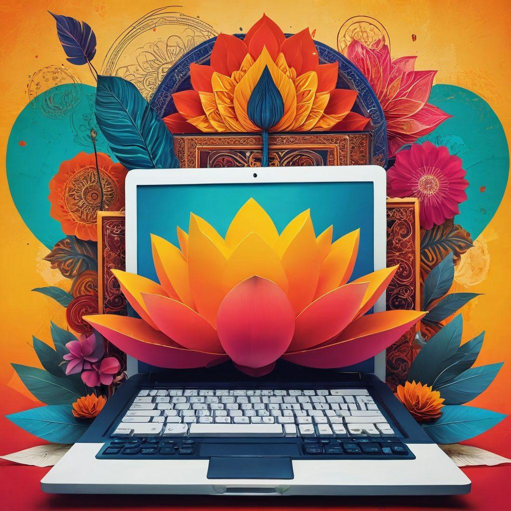 A thought-provoking collage depicting a traditional Hindi blog interface intertwined with abstract adult content elements. Include symbolic motifs from Indian culture, like a quill, lotus flowers, and digital devices, merging the themes of blogging and adult content. The background should have vibrant hues blending cultural symbols with a modern digital aesthetic, reflecting the clash and fusion of tradition and modernity. Include subtle textures to evoke depth. super-realistic. vibrant colors. modern art.