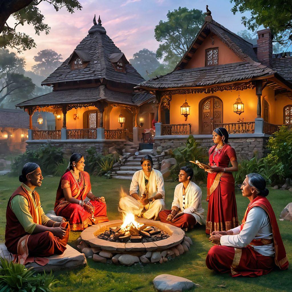 An imaginative scene depicting a blend of traditional Indian storytelling, featuring an ornate village storyteller in traditional attire narrating tales to a diverse group of contemporary adults. Include elements like animated digital signs and modern technology merging with vintage props, symbolizing the fusion of old and new. Create a warm, inviting atmosphere with vibrant colors and a detailed background showcasing both rural and urban landscapes. hyper-realistic. vibrant colors. artistic blend of traditional and modern styles.